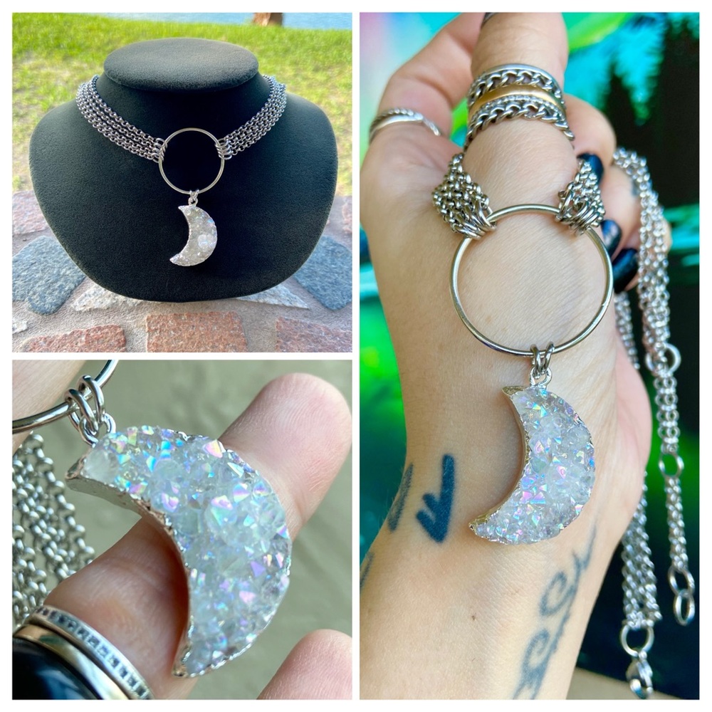 Moon crystal necklace . Stainless steel chains druzy aura quartz moon charm boho - Picture 14 of 15